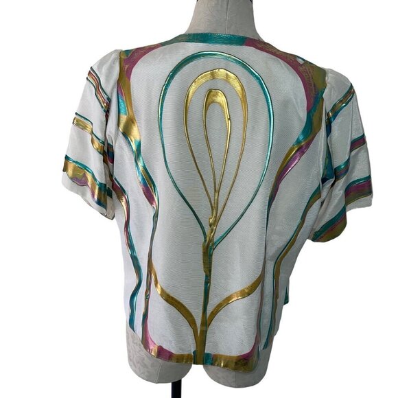 Terry Toni Vintage Womens Jacket Size Medium White Hand Painted Short Sleeve - Picture 9 of 10